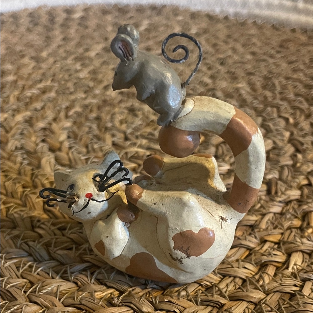 Wooden Vintage Whimsical Cat and Mouse Figurine
